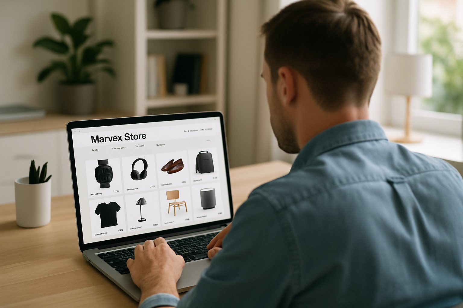 white men and the image is taken from behind them shopping from Marvex Store website in his laptop